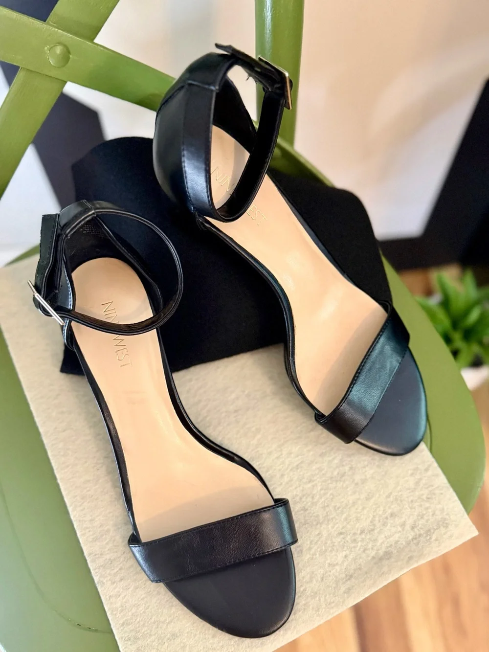 Nine West ‘’Phonecall” Ankle Strap Wedge Sandal | 8 M Black